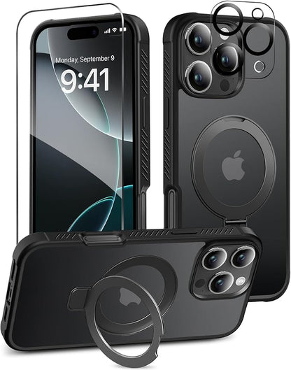 for iPhone 16 Pro Case, with Screen Protector + Camera Lens Protector, Built-in Seamless Stand, [Compatible with MagSafe] Protective Shockproof Phone Case, Matte Back Cover for 6.3" - Black