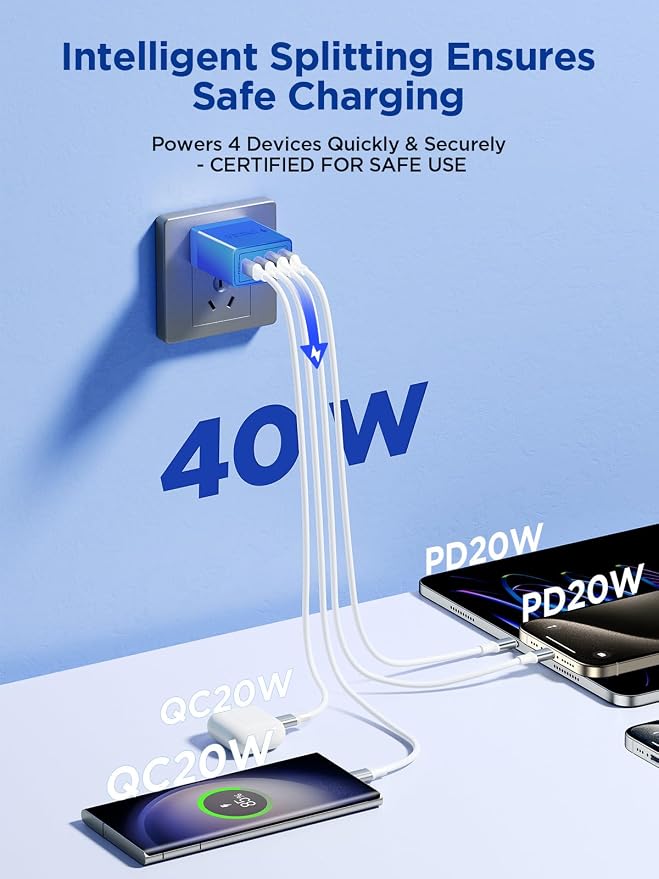 USB C Charger Block, 40W 4-Port Fast Charger 20W Type C Charging Block 3.1A USB Wall Charger Dual Port PD+QC Charging Cube for iPhone 16 15 14 13 12 Pro Max XS, iPad, Samsung Phone (Blue)