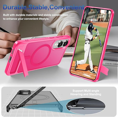 RMOCR for Samsung Galaxy S25 Edge Case with Screen Protector+Lanyard Wrist Strap,Magnetic Translucent Matte Rugged Slim Phone Cover Built in Invisible Kickstand [Fit for MagSafe],2025 Hot Pink