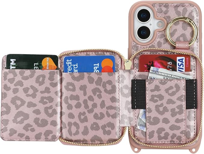Crossbody Wallet Case for iPhone 17, PU Leather Zipper Handbag Purse Flip Cover, Kickstand Folio Case with Card Slots Holder Wrist Strap Lanyard 5G 6.3 Inch-Pink Leopard