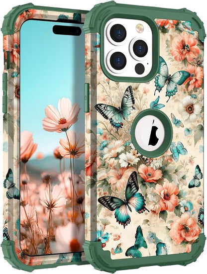 Hocase for iPhone 15 Pro Case, Heavy Duty Shockproof Protection Soft Silicone Rubber Bumper+Hard Plastic Hybrid Protective Case for iPhone 15 Pro 6.1" 2023 - Teal Green Butterflies