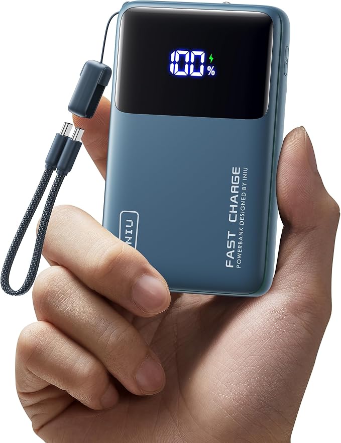 INIU Ultra Compact Power Bank, 10000mAh 45W Fast Charging Portable Charger with Detachable USB-C Cable & Stand, Flight-Safe Travel Battery Pack for Campus, Camping, for Boys, Blue