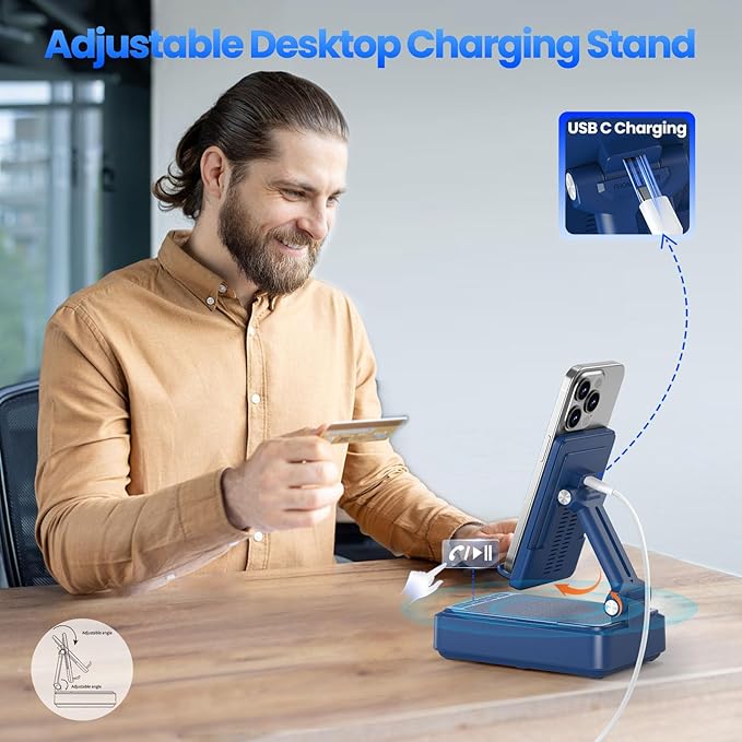 Jteman Gifts for Men Women - Bluetooth Speaker with Cell Phone Stand and Wireless Charger,Wireless Charging Stand Phone Holder for Desk Birthday Gift Idea for Dad Mom (Blue)