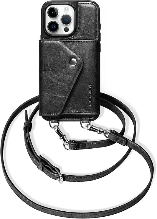 LUCKYCOIN for iPhone 15 Pro Crossbody Wallet Case – Genuine Leather Phone Purse with Adjustable Strap and Card Holder,Lanyard Phone Purse Case for Women,Vintage Black