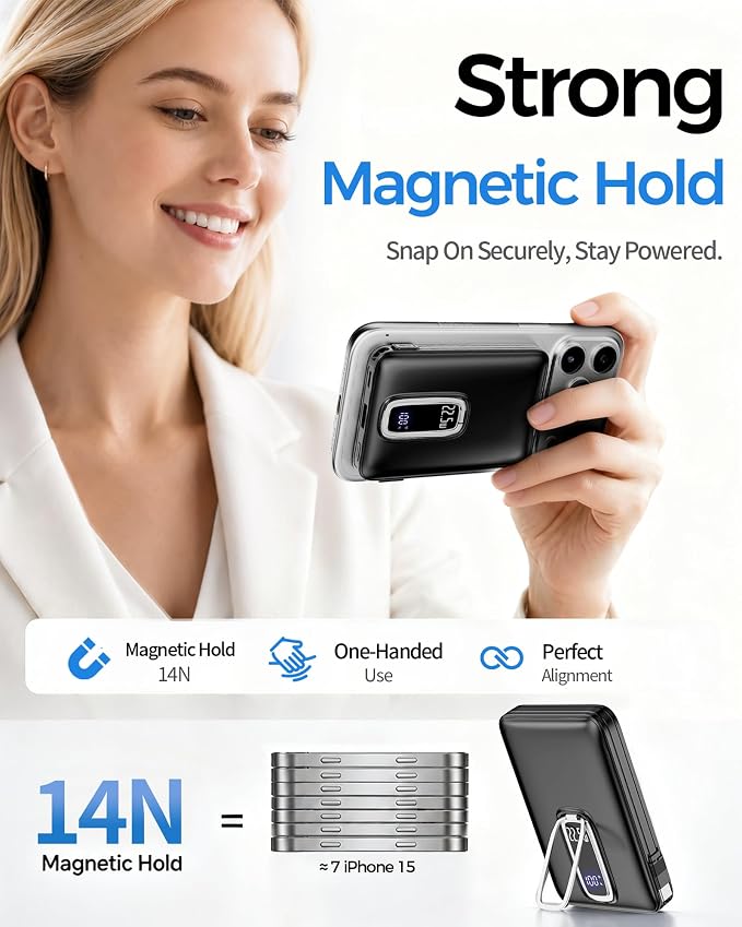 for MagSafe Power Bank iPhone,22.5W Fast Charging Magnetic Portable Charger | Detachable Built-in USB-C,Foldable Stand,14N Strong Magnetic Hold,4-Device Charging,10000mAh Wireless Power,LED Display,Black