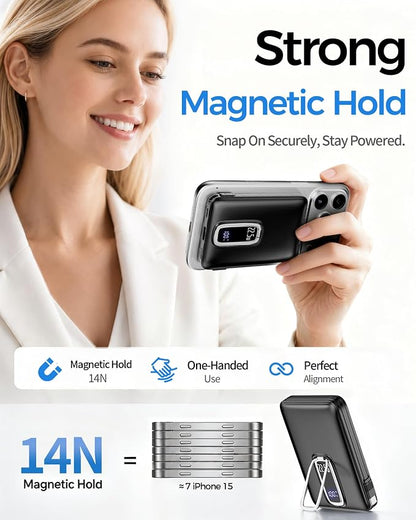 for MagSafe Power Bank iPhone,22.5W Fast Charging Magnetic Portable Charger | Detachable Built-in USB-C,Foldable Stand,14N Strong Magnetic Hold,4-Device Charging,10000mAh Wireless Power,LED Display,White