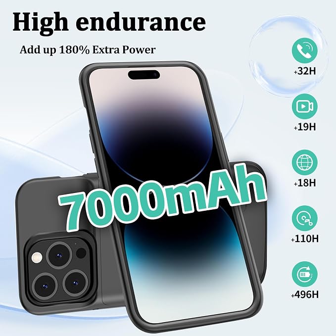 JCK 7000mAh Battery Case for iPhone 14 Plus 14 Pro Max 13 Pro Max 12 Pro Max Ultra Slim Battery Charging Case Rechargeable Anti Fall Protection Charger Cover 6.7'', Support Apple Pay, CarPlay, BX12