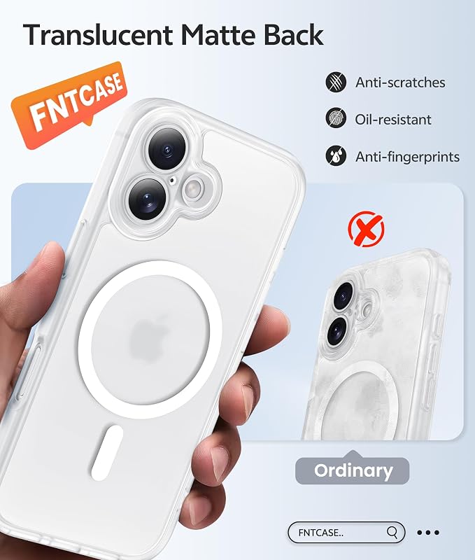 FNTCASE for iPhone 16 Case: [Compatible with Magsafe] Translucent Matte Cases with [Full Camera Protection] [Screen Protector] Military Grade Shockproof Protective Phone Cover - White