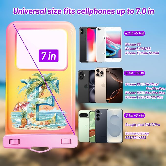 Personalized Initial Waterproof Phone Pouch Case - IPX8 Cellphone Dry Bag with Lanyard for iPhone 16/15/14/13/12 Pro Max (6.1–6.9"), Beach & Cruise Ship Essentials with Monogrammed Design (Pink, E)
