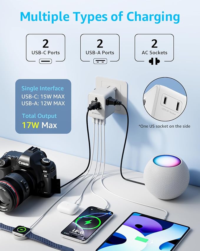 “Pro” Universal Travel Adapter 2 USB-C＆ 2 USB-A Cover 200+ Countries | 17W Max, International Plug Adapter, All in One Portable Adapter, NOT A Voltage Converter, for USA, UK, EU, AU (White)