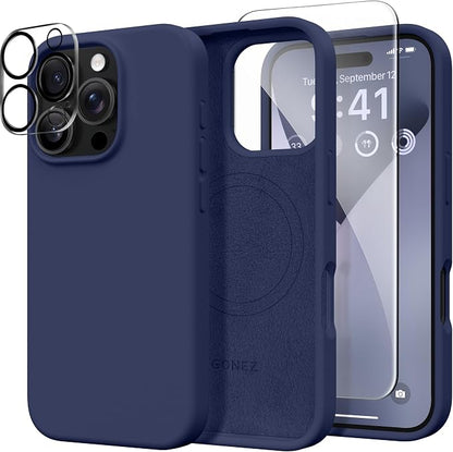 GONEZ Magnetic for iPhone 16 Pro Max Case, Compatible with MagSafe, Liquid Silicone Case, with Screen Protector + Camera Protector, Full Body Protective Shockproof Phone Cover 6.9", Midnight Blue