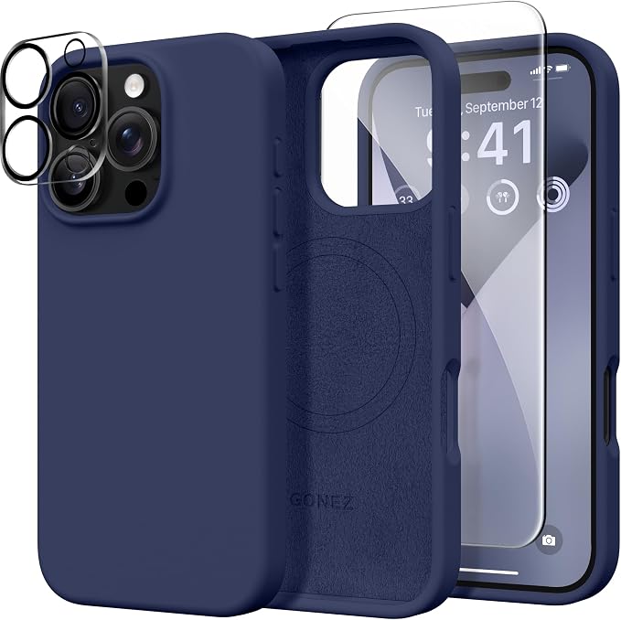 GONEZ Magnetic for iPhone 16 Pro Case, Compatible with MagSafe, [Screen Protector + Camera Lens Protector], Silicone Shockproof Anti-Scratch Protective Phone Case 6.3 inch, Midnight Blue