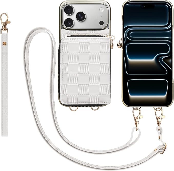 Keallce for iPhone 17 Pro Max 6.9'' Wallet Case, Crossbody Zipper Purse with 4 Card Slots RFID Blocking, Lanyards & Wrist Straps, Flip Leather Folio Cover with Kickstand for iPhone 17 Pro Max, White
