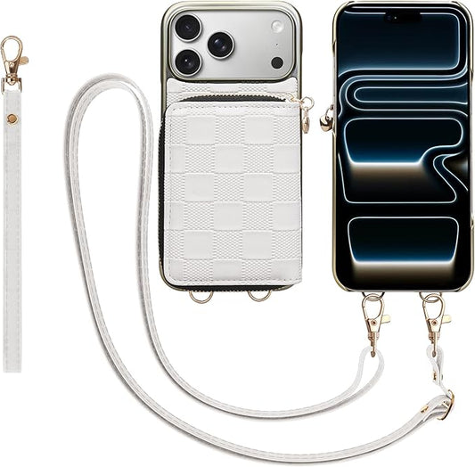 Keallce for iPhone 17 Pro Max 6.9'' Wallet Case, Crossbody Zipper Purse with 4 Card Slots RFID Blocking, Lanyards & Wrist Straps, Flip Leather Folio Cover with Kickstand for iPhone 17 Pro Max, White