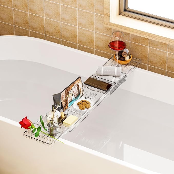 Yieach Iuxury Bathtub Trays For Tub,Expandable Bath Shelf Over Tub,Clear Bath Table,Bath Board,Bath Caddy Tray and Bath Tub Accessories for Women Relaxing With Bath Reading Book and Ipad Holder,1 Pack