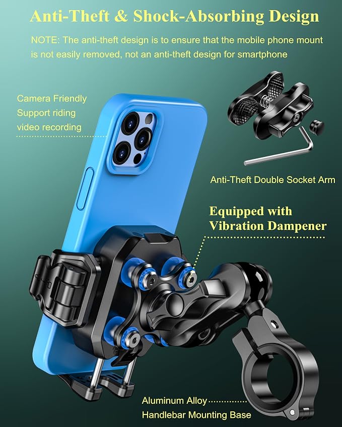 BRCOVAN Anti-Theft Motorcycle Phone Mount with Vibration Dampener, [1s Lock] [Camera Friendly] Handlebar Cellphone Holder for Bike Bicycle Scooter ATV, Adjustable Size Fit 5.4-7.2" Smartphone