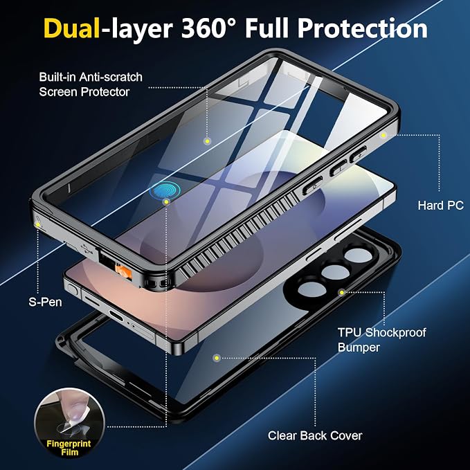 SPIDERCASE Upgraded for Samsung Galaxy S25 Ultra Case Waterproof,Built-in Screen & Camera Lens Protector[IP68 Underwater] [Military Grade Shockproof] Full Body Protection Phone Case, Black/Clear