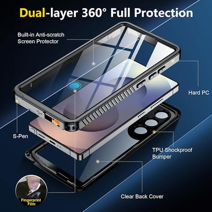 SPIDERCASE Upgraded for Samsung Galaxy S25 Ultra Case Waterproof,Built-in Screen & Camera Lens Protector[IP68 Underwater] [Military Grade Shockproof] Full Body Protection Phone Case, Black/Clear