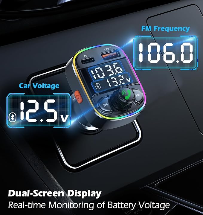 LIHAN Bluetooth 5.4 Bluetooth Car Adapter, FM Transmitter with QC3.0/Type-C 42W Fast Charging, Dual LED Display, HiFi Bass, Handsfree Calls/Audio Transmitter, TF/USB Music Player, 7-Color Backlit