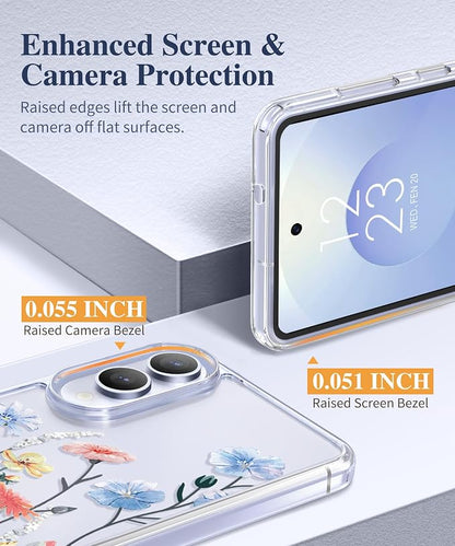 GVIEWIN for Samsung Galaxy S25 Edge Case, Clear Floral Shockproof Protective Women Phone Case, Non-Yellowing, Screen&Camera Lens Protector for Galaxy S25 Edge 6.7",Aconite/Light Blue
