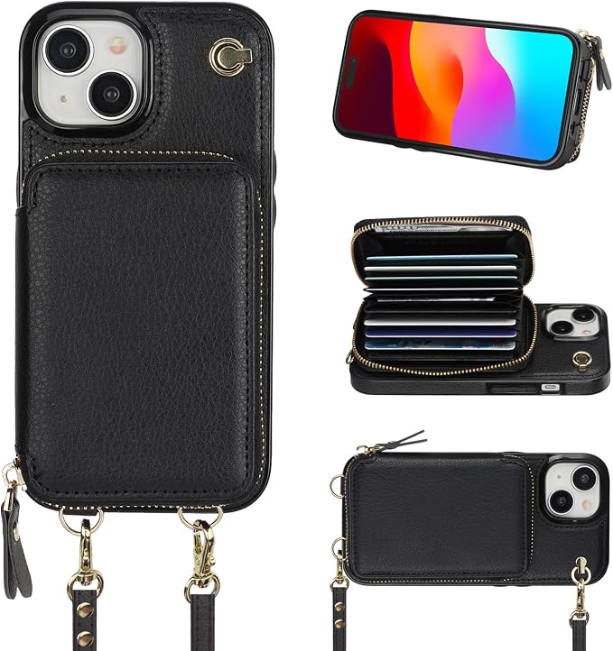 Bocasal Crossbody Wallet Case for iPhone 15, RFID Blocking Leather Purse Case with Card Holder, Protective Handbag Flip Cover with Zipper Wrist Strap Lanyard for Women 5G 6.1 Inch (Black)