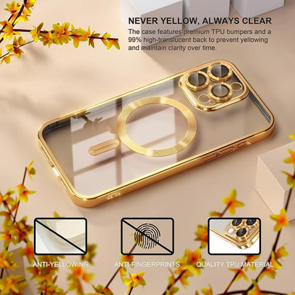 Misea Magnetic for iPhone 15 Pro Max Case with MagSafe [Never Yellowing] [Military Grade Drop Protection] Full Camera Lens Protector Plating Soft Clear Phone Case for Women Girls, Gold