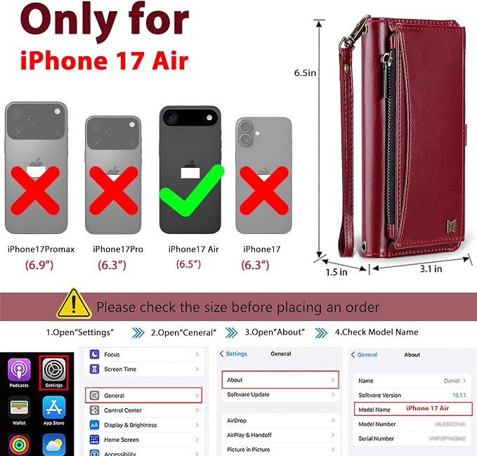 Wallet Case for iPhone Air with Card Holder/Crossbody Wallet/Strap,[RFID Blocking][Magnetic] PU Leather Phone Case for iPhone Air,6.5 in,Wine Red