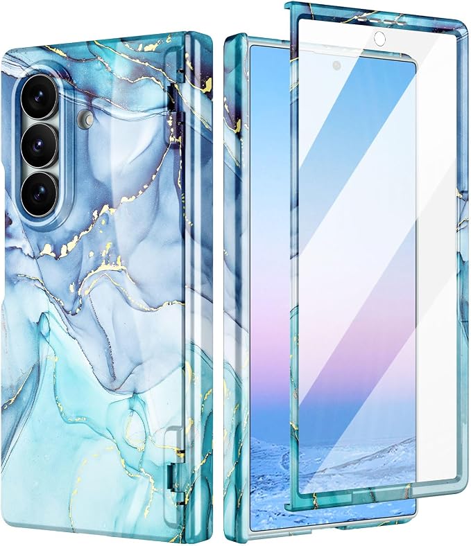 Btscase for Samsung Galaxy Z Fold 7 Case,Built in Front Screen Protector,Gold Glitter Marble Pattern Hard PC Slim Shockproof Full Body Drop Protective Case for Galaxy Z Fold 7 5G, Blue Cyan
