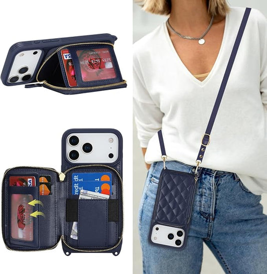 Crossbody Wallet Case for iPhone 17 Pro Max, PU Leather Zipper Handbag Purse Flip Cover, Kickstand Folio Case with Card Slots Holder Wrist Strap Lanyard 5G 6.9 Inch-Blue