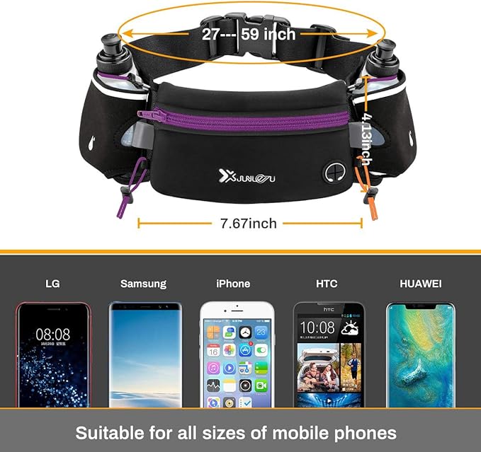 Number-one Running Belt with Water Bottles(2 x 175ML), Hydration Belt Waterproof Waist Pack Bag Fits iPhones Adjustable Sports Waist Pouch for Marathon Running Hiking Cycling, Purple