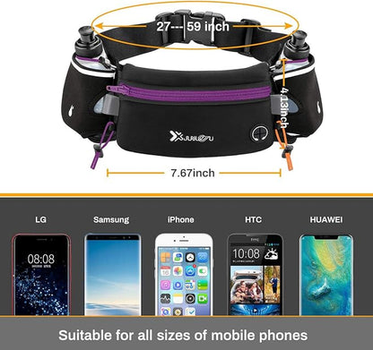 Number-one Running Belt with Water Bottles(2 x 175ML), Hydration Belt Waterproof Waist Pack Bag Fits iPhones Adjustable Sports Waist Pouch for Marathon Running Hiking Cycling, Purple
