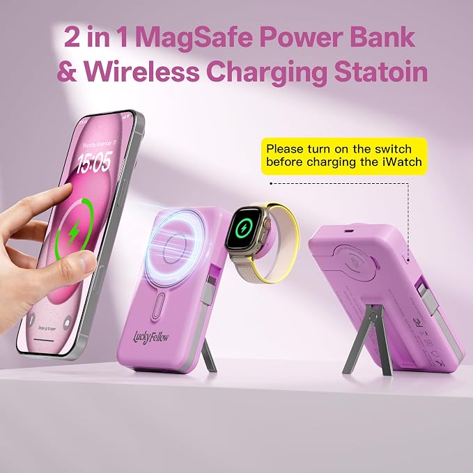 Magnetic Portable Charger Built-in Cables,10000mAh Fast Charging Wireless Charger Station External Battery Pack Slim Pocket Size Power Bank with Stand Compatible with iWatch, iPhone