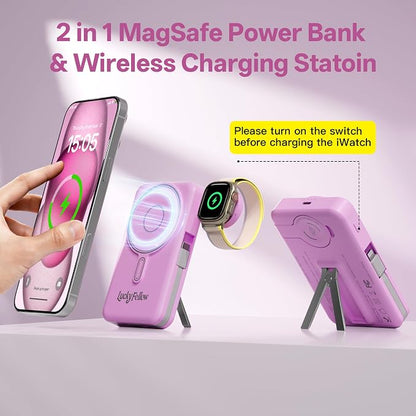 Magnetic Portable Charger Built-in Cables,10000mAh Fast Charging Wireless Charger Station External Battery Pack Slim Pocket Size Power Bank with Stand Compatible with iWatch, iPhone