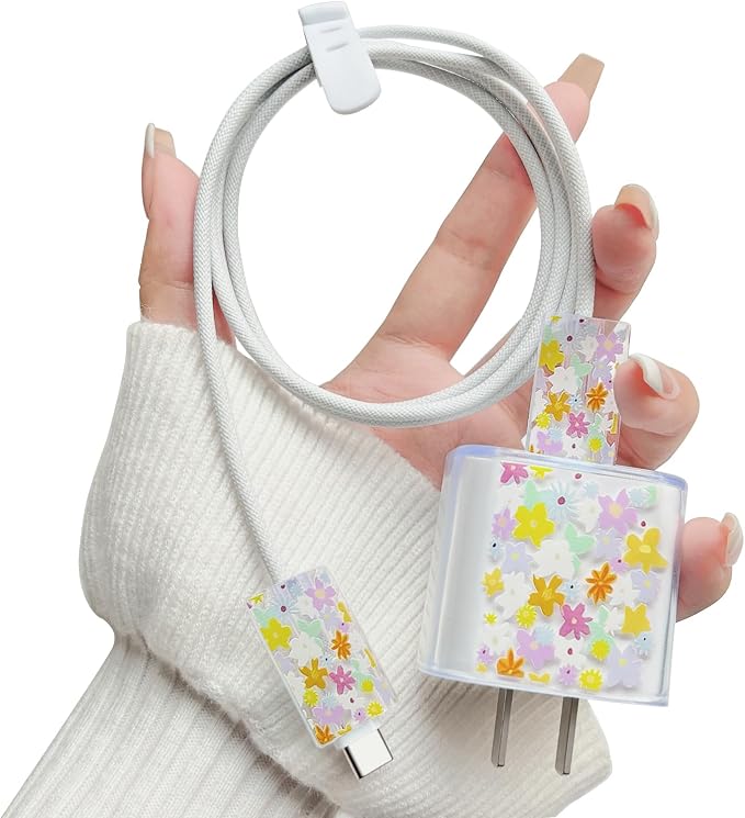Lovmooful Compatible for iPhone 18W/20W USB-C Charger Cover Clear Lovely Flower Floral Design Soft Charger Protector Cute Cable Case Saver Protector for Girls Women-Color Flower