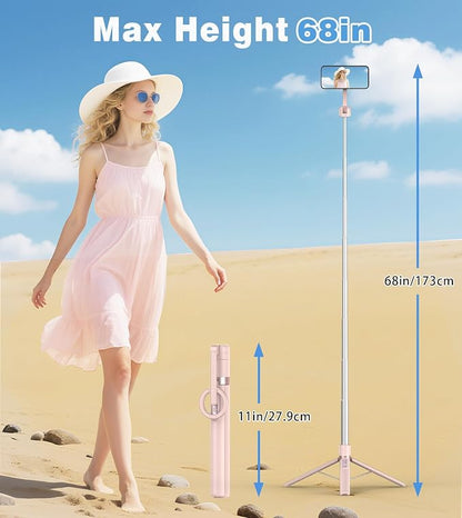 TONEOF 68" Magnetic Selfie Stick Tripod with Aluminum Strong Magnetic Holder for Magsafe, 360° Rotatable Travel Phone Tripod Stand with Metal Ring & Rechargeable Remote for iPhone/Android（Pink）
