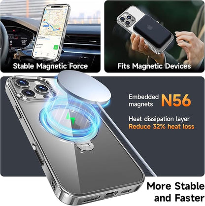 [Tri-Shield Protection] for iPhone 16 Pro Case with 360° Spin Stand Compatible with MagSafe [Magnetic CD Ring][Screen & Camera Lens Protector] Shockproof Plating Never-Yellowing, Natural Titanium-6.3"