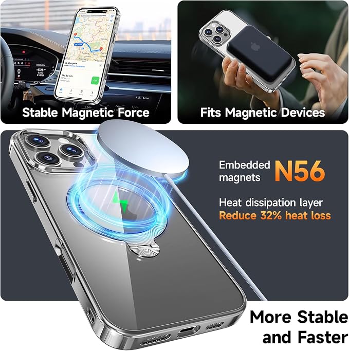 [Tri-Shield Protection] for iPhone 16 Pro Max Case with 360° Spin Stand Compatible with MagSafe [Magnetic CD Ring][Screen & Camera Protector]Shockproof Plating Never-Yellowing, Natural Titanium-6.9"