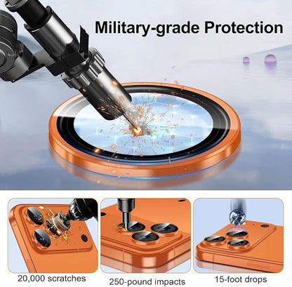 QHOHQ 2 Set Camera Lens Protector for iPhone 17 Pro Max/17 Pro/16 Pro Max/16 Pro/15 Pro Max/15 Pro, Individual Anti Shatter Lens Protector,[15FT Military Grade Protection],1-Second Auto-Install- Orange