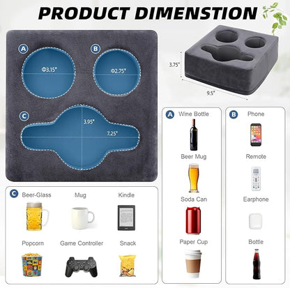 G GOOD GAIN Couch Cup Holder Pillow, Spill-Proof Sofa Drink Cup Holder & Multi-Use Organizer for Sofa, Bed, Car, Beach - Holds Mugs, Phone, Snacks, Remote Control, KeepTemp Design (Grey)