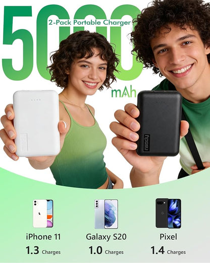 Miady 2-Pack Small Portable Charger 5000mAh Power Bank Travel Battery Pack | 5000mAh丨18.5Wh丨Type C in&Out丨Pocket Size丨Compatible with iPhone 17 Galaxy S24 Android etc丨Flight-Safe丨Lightweight丨Blue+Pink
