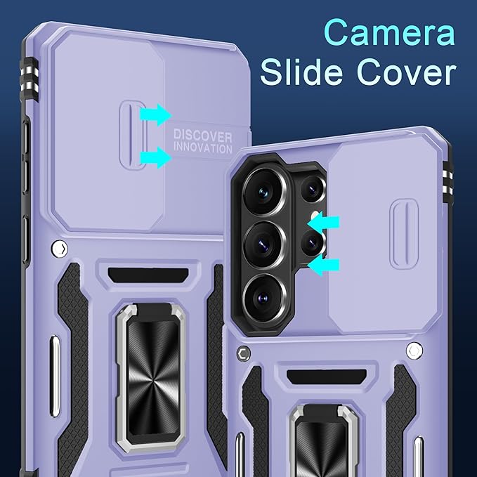DEERLAMN Case for Samsung Galaxy S26 Ultra 6.9-Inch with Slide Camera Cover+Screen Protector(1 Pack), Rotated Ring Kickstand Military Grade Shockproof Protective Cover-Light Purple