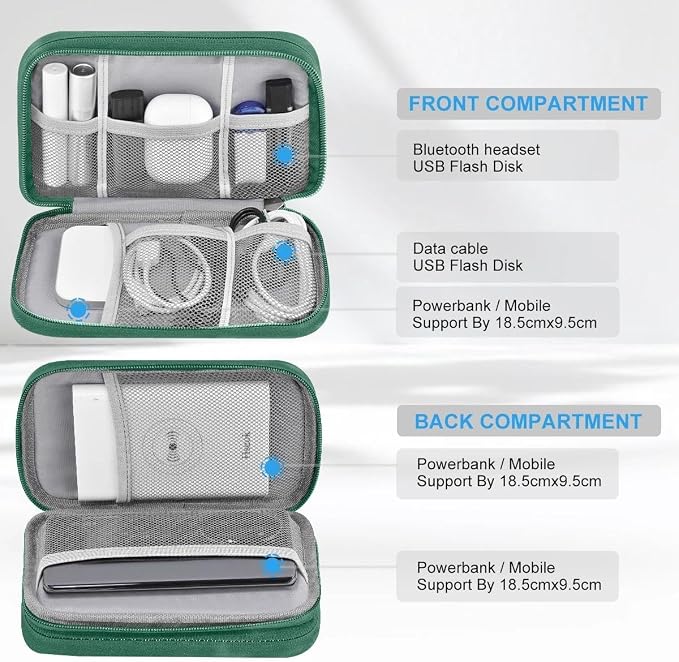 ZINMARK Portable Cable Organizer Case,Travel Pouch with Double-Layer Storage for Cables,Chargers,Earbuds & Phone,Black Green– Small Size