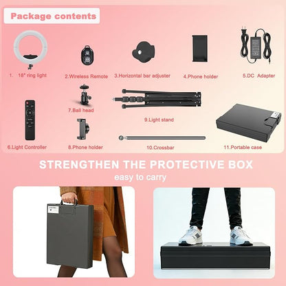 Ring Light 18" with Stand, 55w 6700K LED Light,63" Tripod,Multi-Angle Adjustable Phone Stand, for iPhone and Android Phones, CRI95, Suitable for YouTube, TikTok, Selfies (Pink, 18")