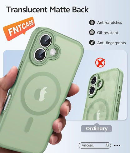 FNTCASE for iPhone 16 Case: [Compatible with Magsafe] Translucent Matte Cases with [Full Camera Protection] [Screen Protector] Military Grade Shockproof Protective Phone Cover - Light Moss