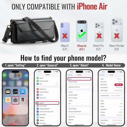 Strapurs Wallet Case Compatible with iPhone Air 6.5" RFID Blocking 10-Card Holder Soft PU Leather Magnetic Snap Shoulder Strap Zipper Pocket Phone Case Fit for iPhone 17 Air for Women - Black
