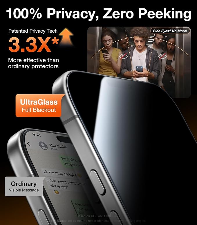 UltraGlass 9H+ Glass for iPhone 16 Pro Privacy Screen Protector [NO.1 Military Grade Shatterproof] Privacy Screen iPhone 16 Pro Tempered Glass [100% Anti Spy & Longest Durable] 2 Pack