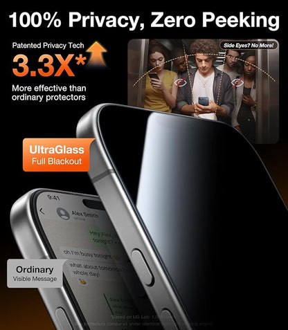 UltraGlass 9H+ Glass for iPhone 16 Pro Privacy Screen Protector [NO.1 Military Grade Shatterproof] Privacy Screen iPhone 16 Pro Tempered Glass [100% Anti Spy & Longest Durable] 2 Pack