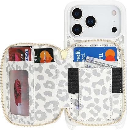Crossbody Wallet Case for iPhone 17 Pro, PU Leather Zipper Handbag Purse Flip Cover, Kickstand Folio Case with Card Slots Holder Wrist Strap Lanyard 5G 6.3 Inch-White Leopard