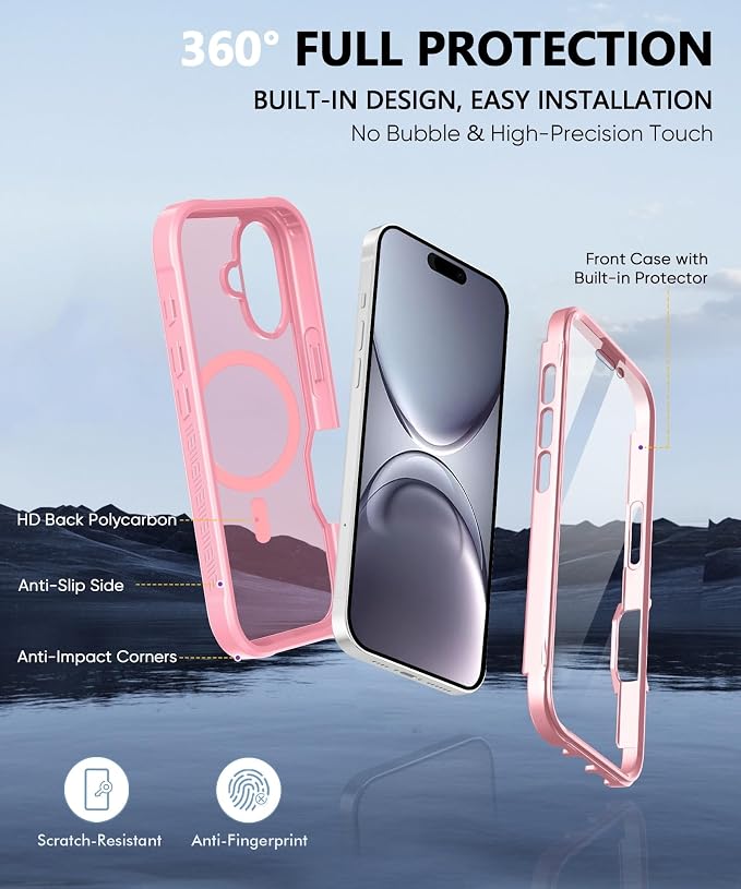 Compatible with iPhone 17 Case Pink, Built-in Screen Protector, [Compatible with MagSafe] Full Body Rugged Phone Case, Shockproof Protective Magnetic Cover for iphone17 6.3" (Pink)