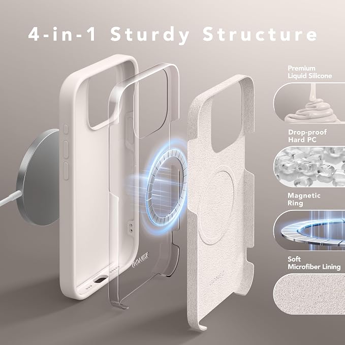 GONEZ Magnetic for iPhone 15 Pro Case, Compatible with MagSafe, [Screen Protector + Camera Lens Protector], Silicone Shockproof Anti-Scratch Protective Phone Case 6.1 inch, Stone